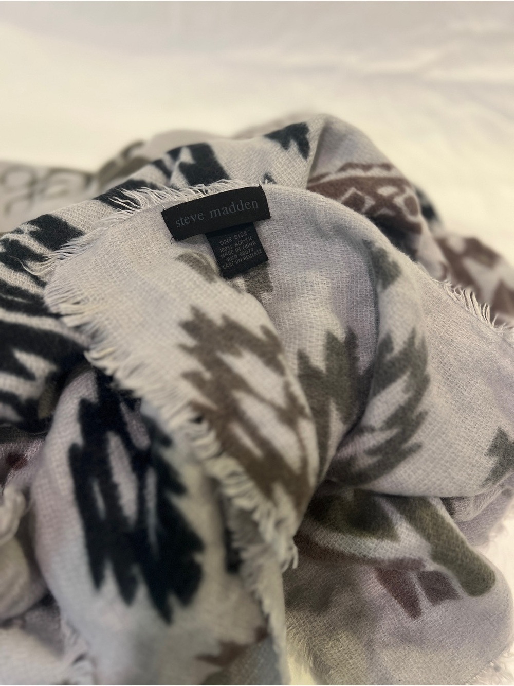 Steve Madden Neutral Aztec Fringe Scarf - Gray, Black, Olive, Brown
